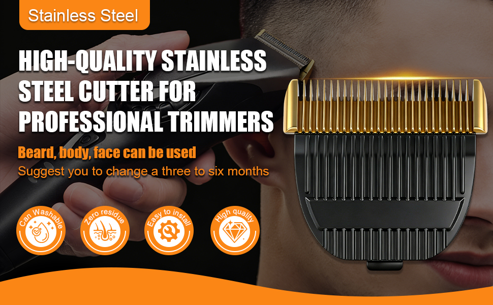 Le texte indique « COUTEAU EN ACIER INOXYDABLE DE HAUTE QUALITÉ POUR » et « COUPE-BORDURES PROFESSIONNELLES ». Plusieurs vues des peignes et accessoires pour tondeuses à cheveux en métal noir.