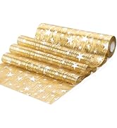 Rouleau de papier d'emballage cadeau métallique doré avec un motif en étoile répétitif illustré sous plusieurs angles.