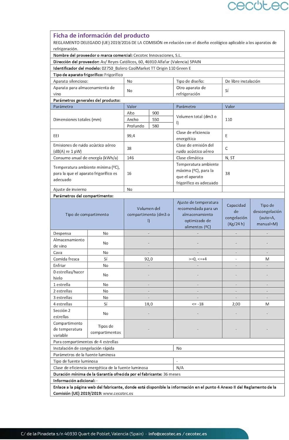 Cecotec - Bolero CoolMarket TT Origin - 110L - mini frigo rétro vert, éclairage LED, poignée chromée, ICEBOX, classe E, 
