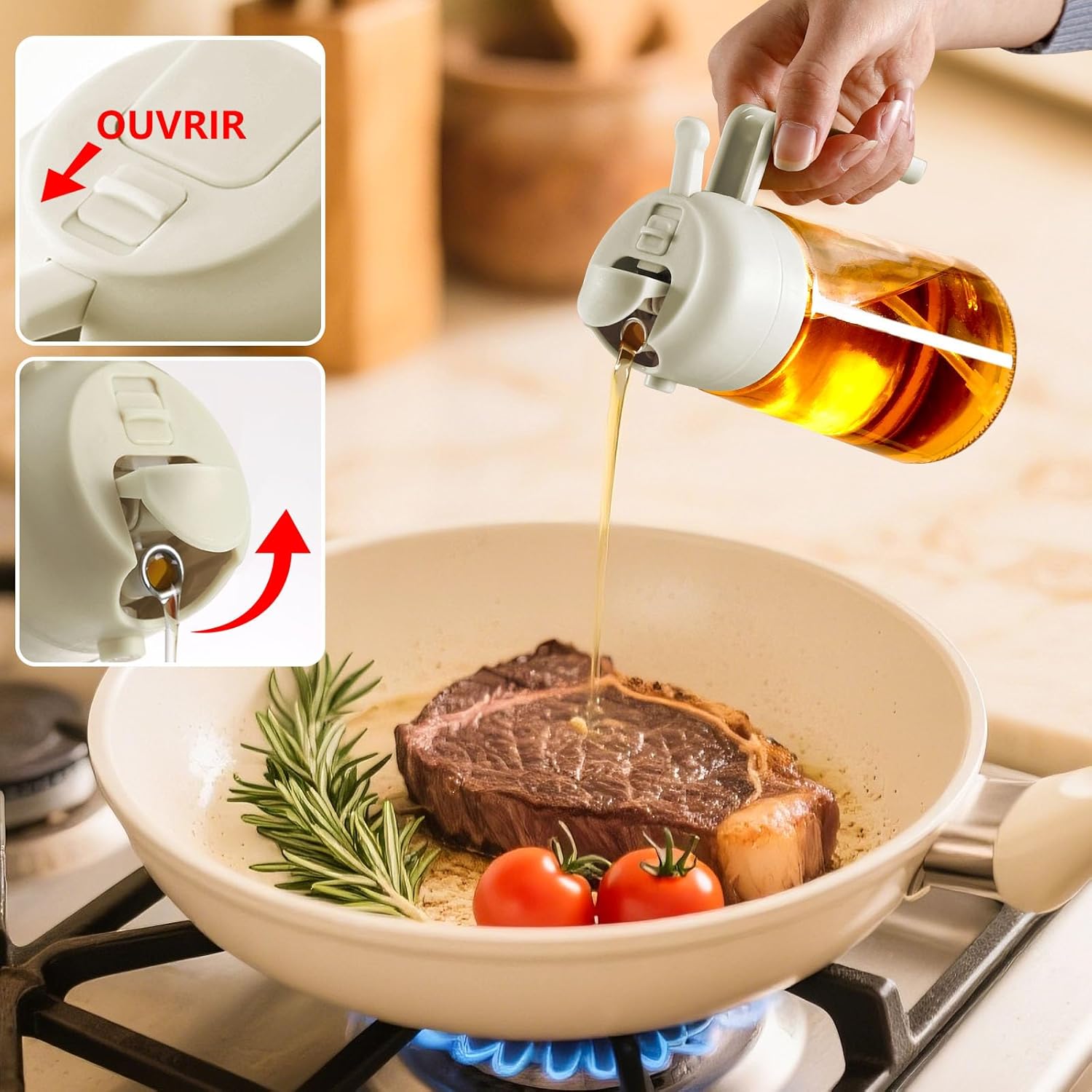 Flacon pulvérisateur d'huile - verre 470ml - 2 en 1, bec verseur