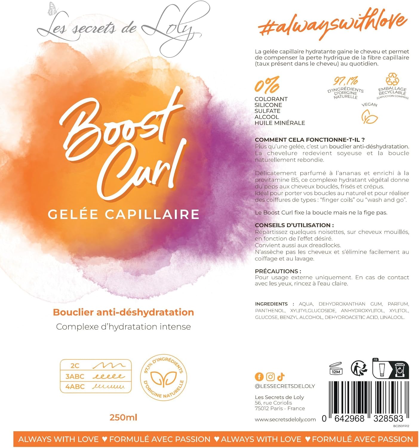Les Secrets de Loly - Boost Curl - 250ml - Gelée coiffante hydratante, boucles définies, lot de 2