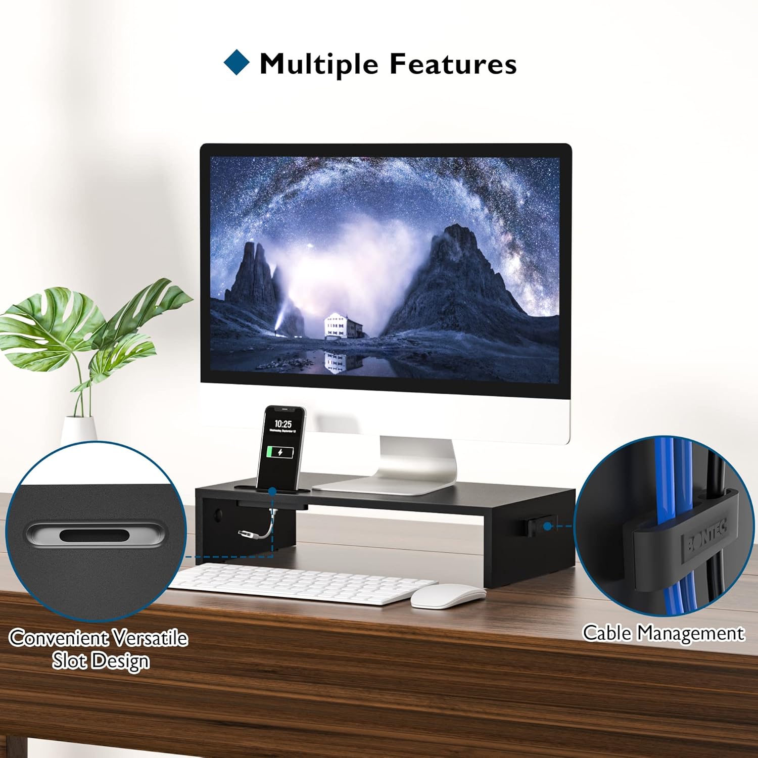 BONTEC - support écran bois noir - 420x235x104mm - ergonomique, câble, 30kg