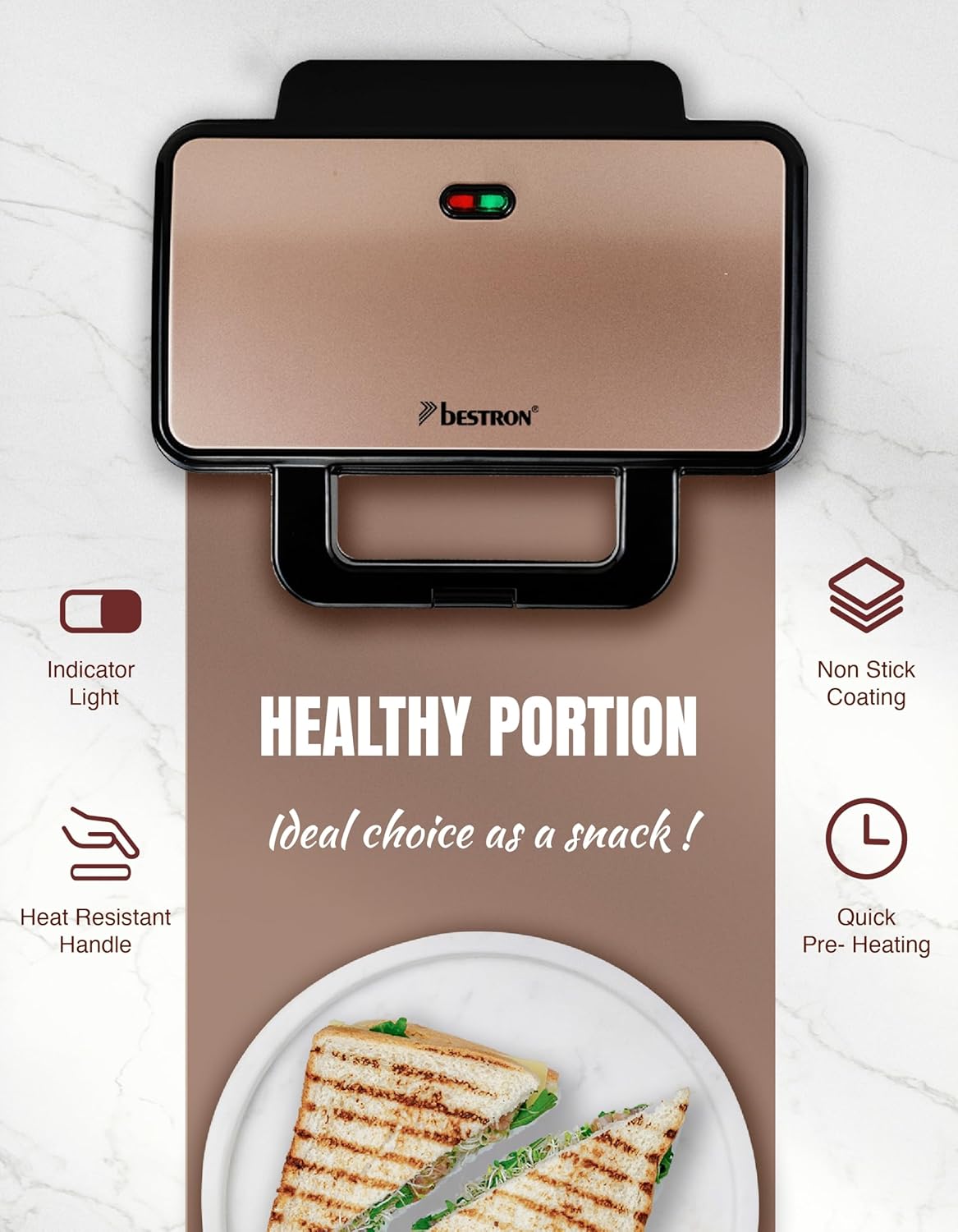 Bestron - Appareil croque XL pour 2 sandwichs, température auto, cuivre