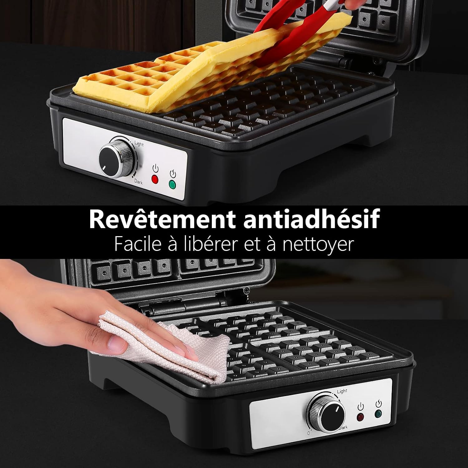 YASHE - Gaufrier 4 tranches - ajustement dorure, 1200W, antiadhésif