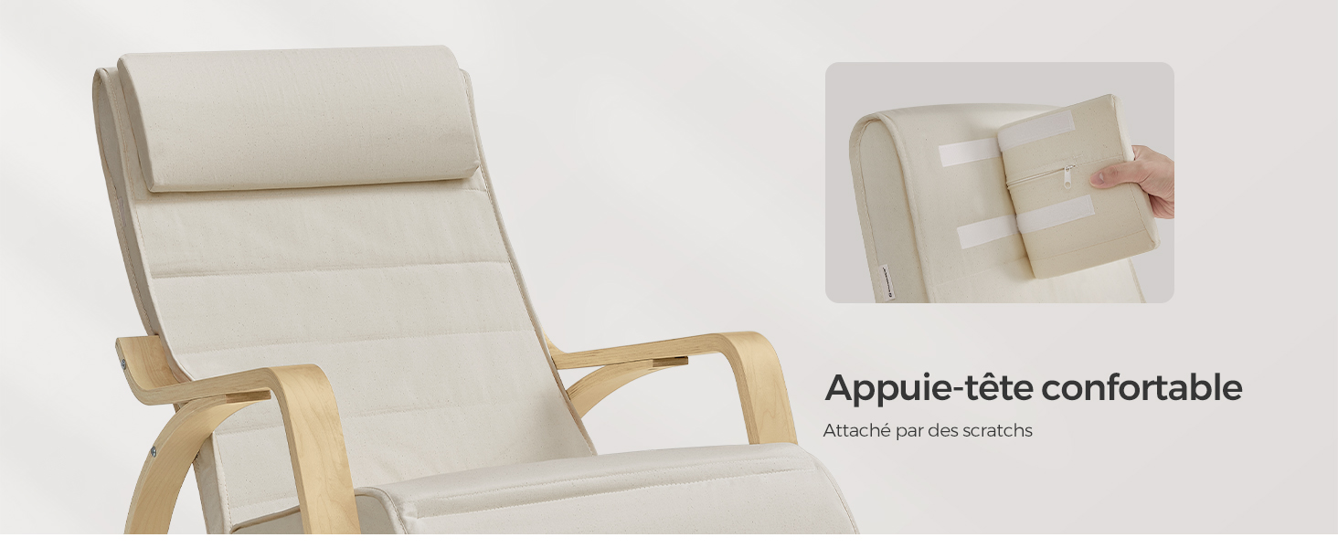 beige avec structure en bois et assise rembourrée. Le gros plan montre la fonction d'appui-tête réglable pour