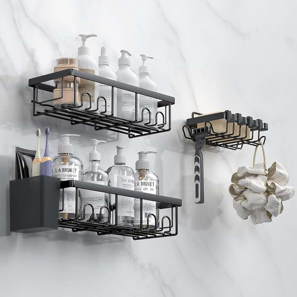 AceMining - Etagere Douche Noir - 3 Pack - Rangement adhésif, crochets, sans perçage