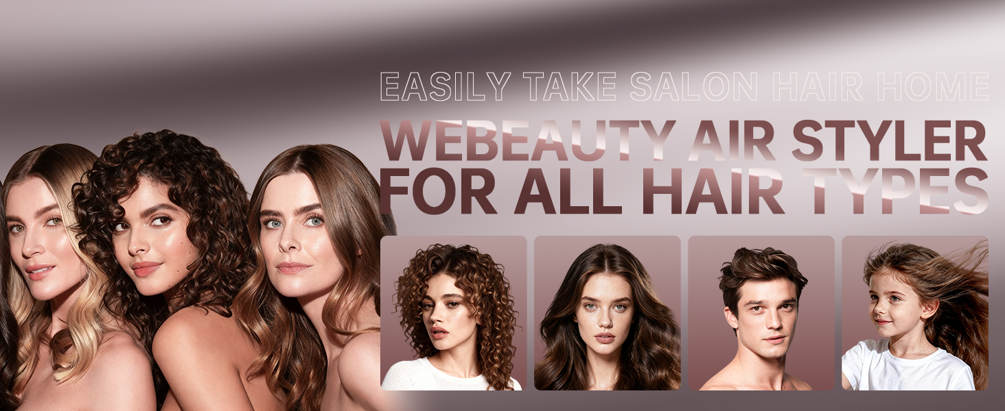 Le texte indique « WEB BEAUTY AIR STYLER » et « POUR TOUS LES TYPES DE CHEVEUX ». Bannière publicitaire montrant des résultats de coiffure coiffés à l'aide d'un outil de coiffure de beauté.