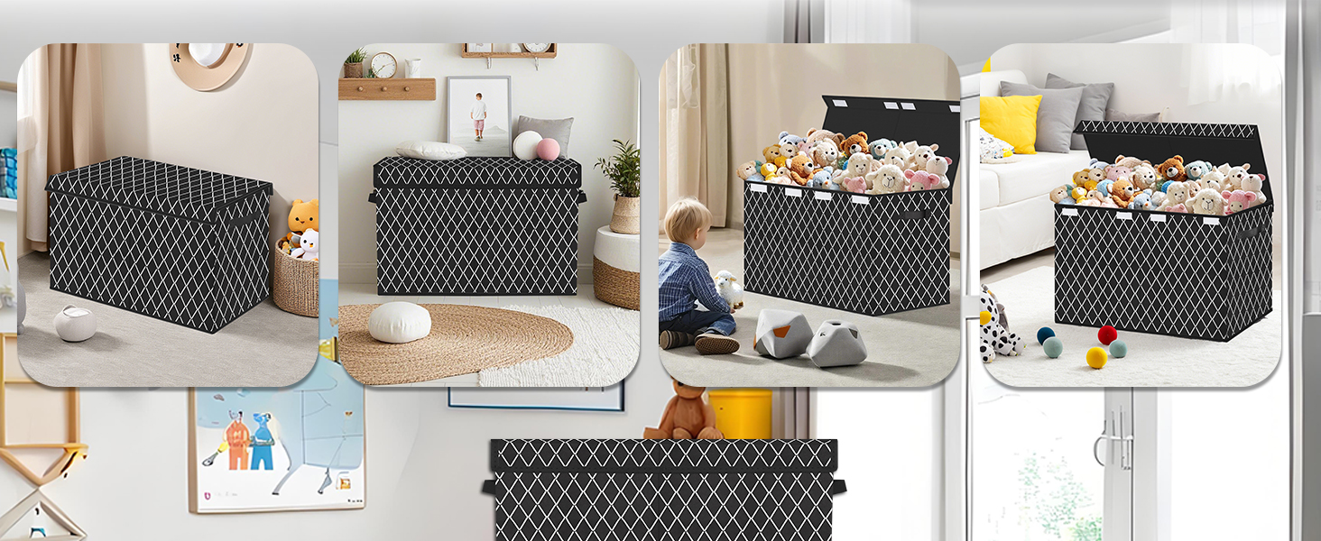 Boîte de rangement pliable en tissu avec motif à pois blancs sur fond noir. Montré vide, rempli de jouets et comme couverture de table dans divers environnements domestiques.