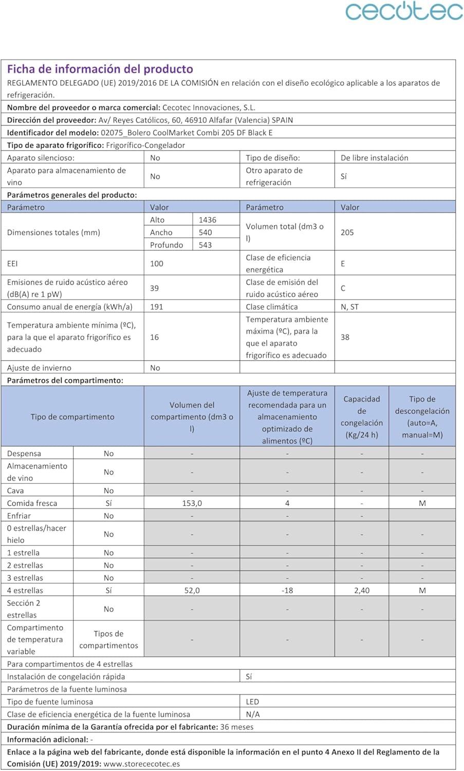 Cecotec - Bolero CoolMarket Combi - 144x54 cm - 205 L, Fast Cooling, porte réversible, LED, E, DF