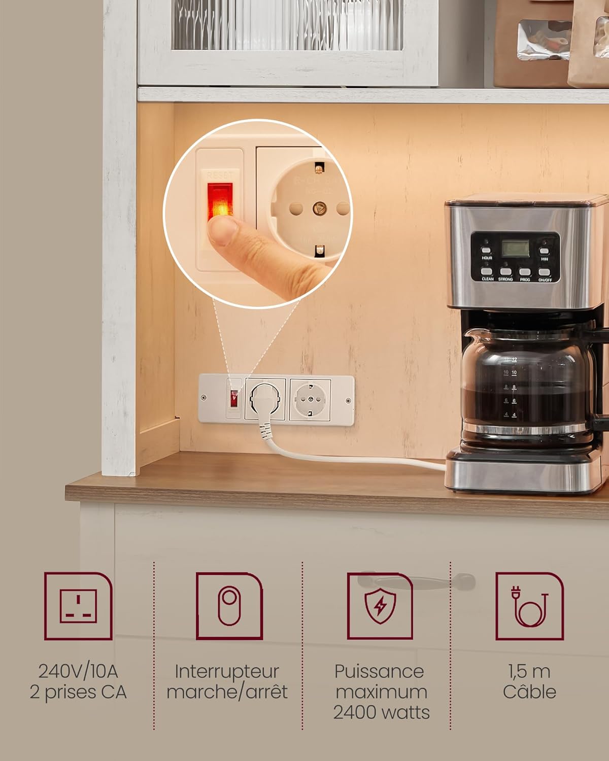 VASAGLE - meuble de rangement campagne, 39,5x80,4x180,6cm, éclairage, étagères, ports USB, BBK363W22V1