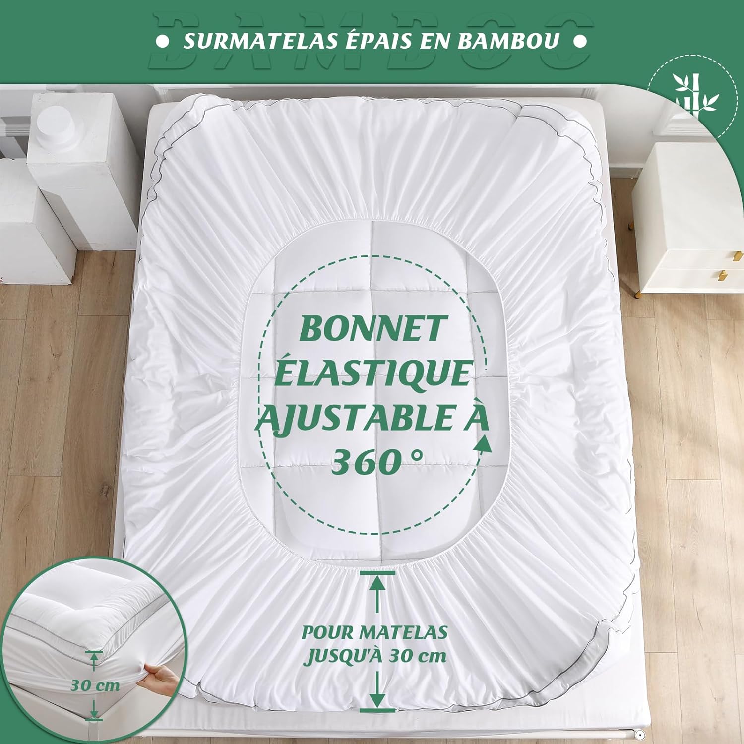GRT - Surmatelas 135x190 cm - 6 cm, bambou, ultra-doux, respirant