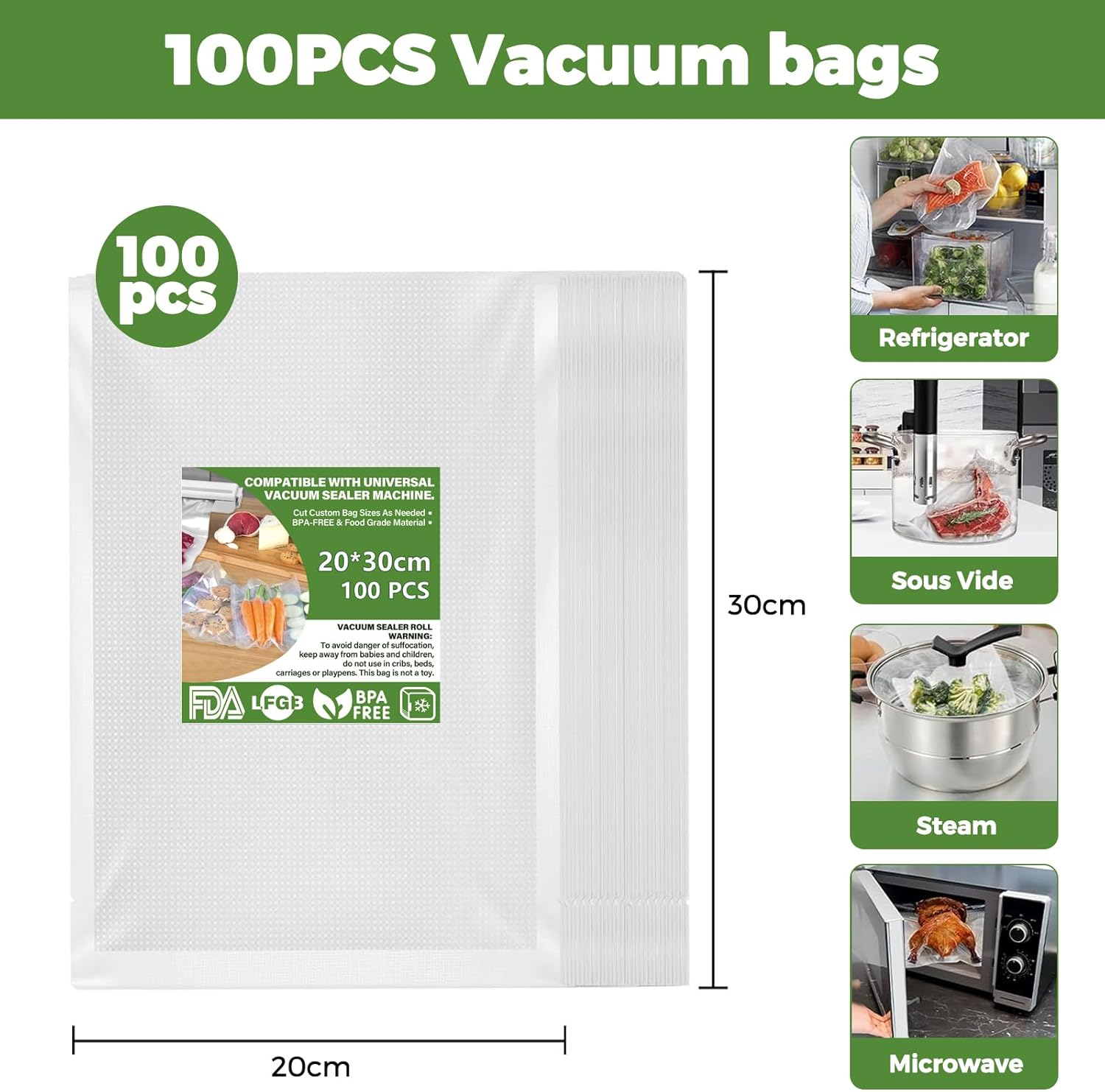 Sac Sous Vide Alimentaire - sachets gaufrés 20x30cm, sans BPA, pack 100