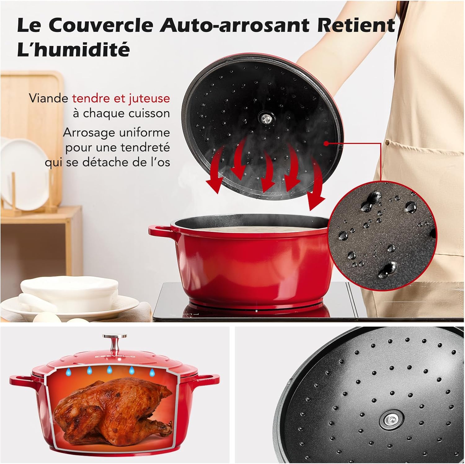 Cocotte fonte induction 28cm, 6,3L, aluminium, céramique, rouge