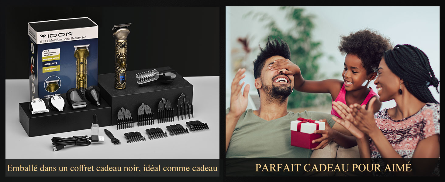 avec divers outils affichés sur une surface noire. Comprend des coupe-bordures, des ciseaux et des peignes pour les soins personnels et