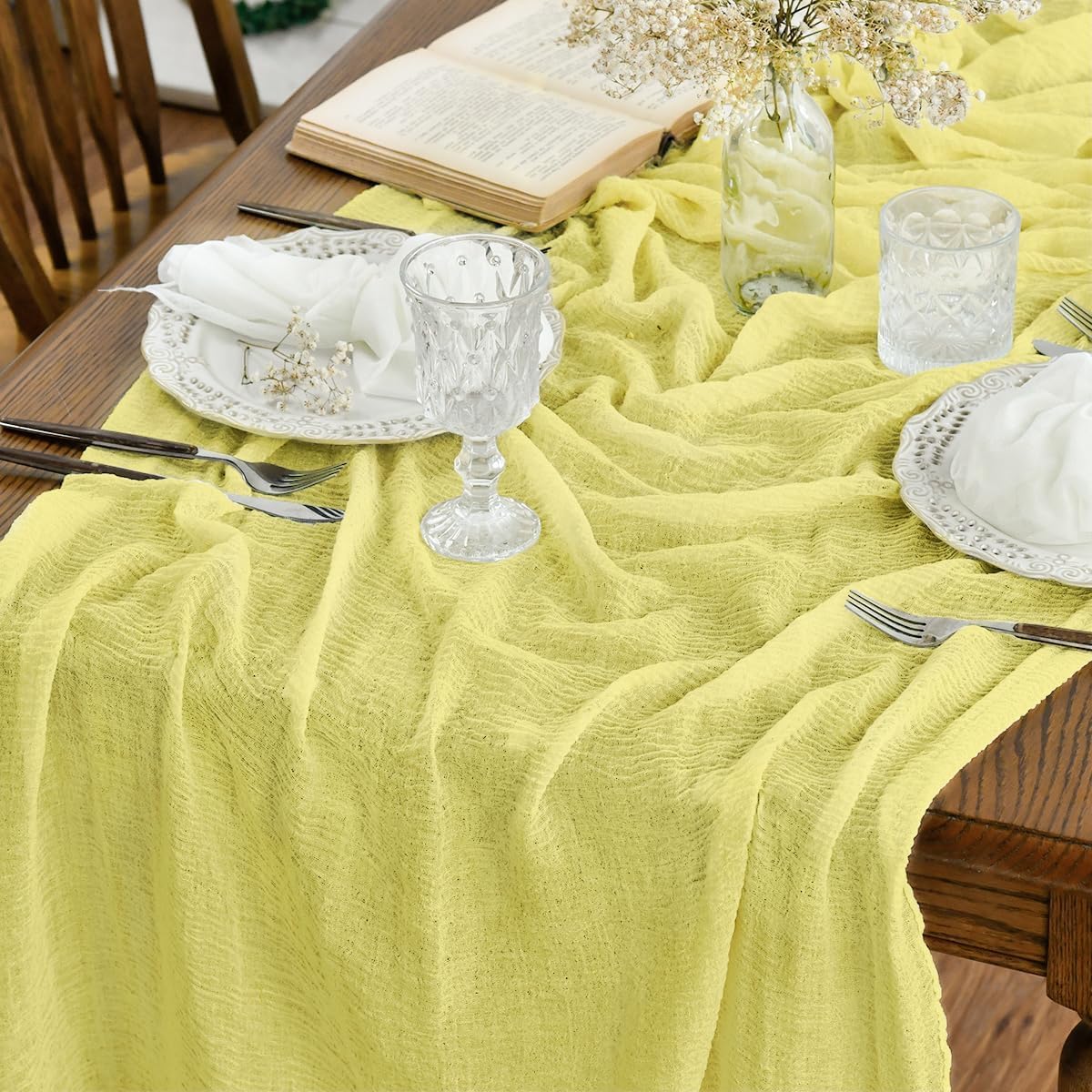 Artoid Mode - Chemins de Table Bohême - 300 cm - gaze mousseline jaune clair, décoration mariage / fête