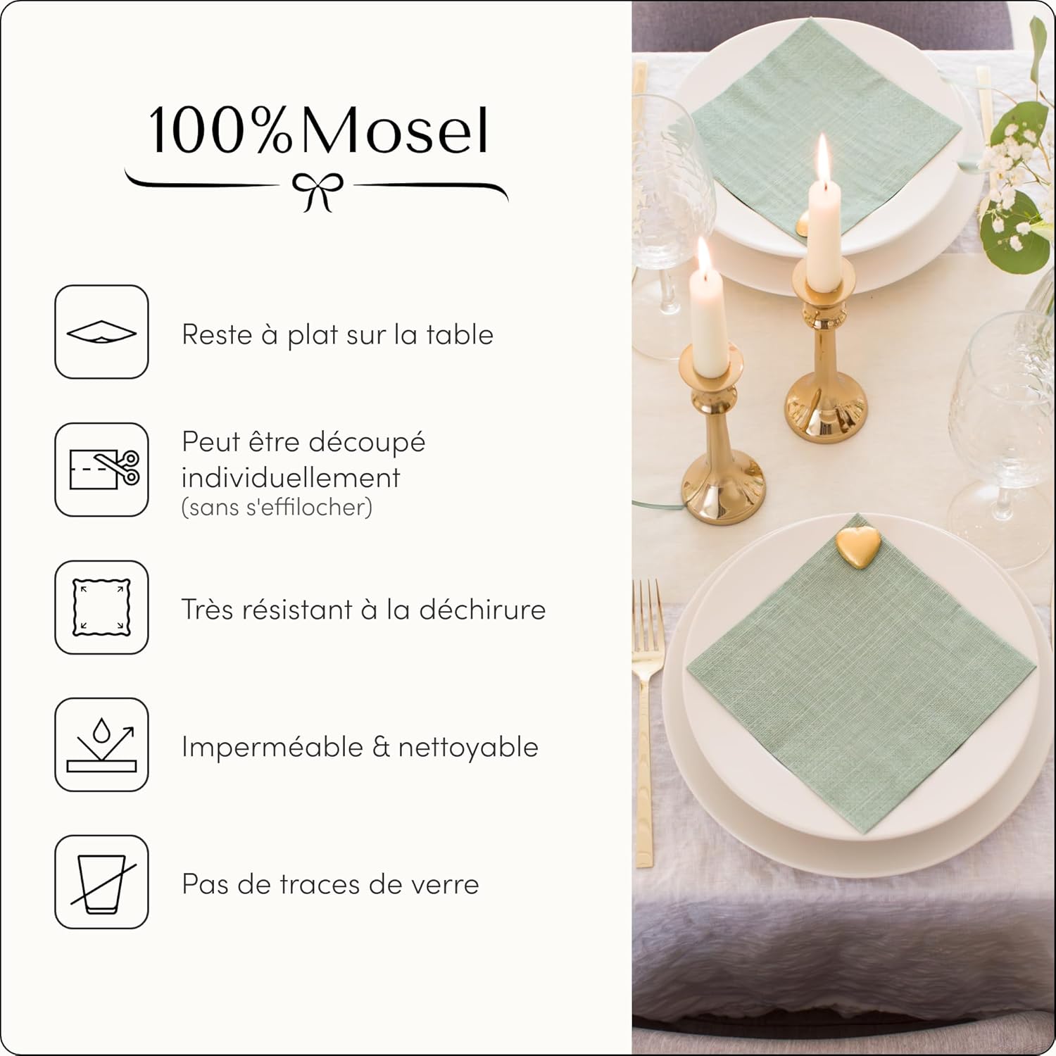 100%Mosel - Chemin de table vanille, 30x250cm, non tissé, élégant