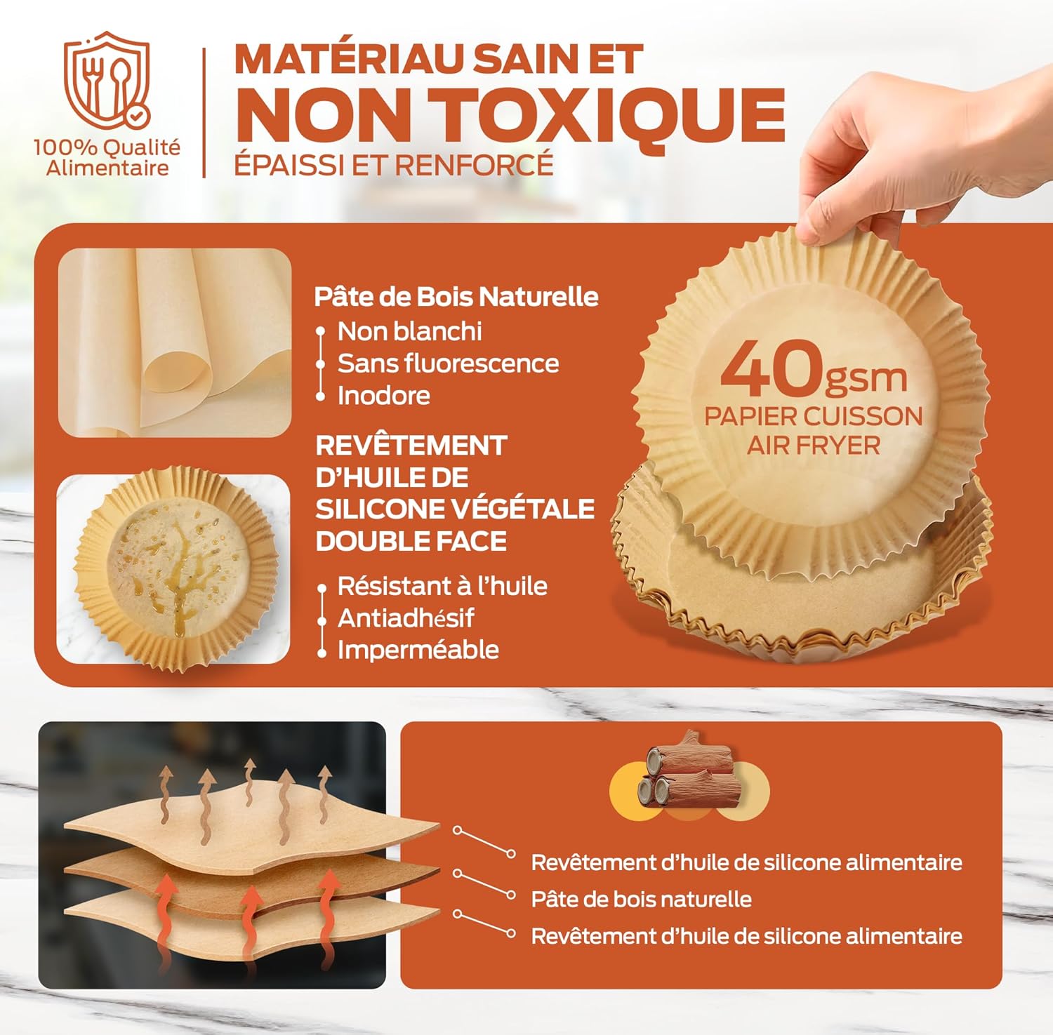 PORTENTUM - Papier cuisson air fryer - 20×24 cm, 100 pièces, BPA free, pour friteuse 5–8L