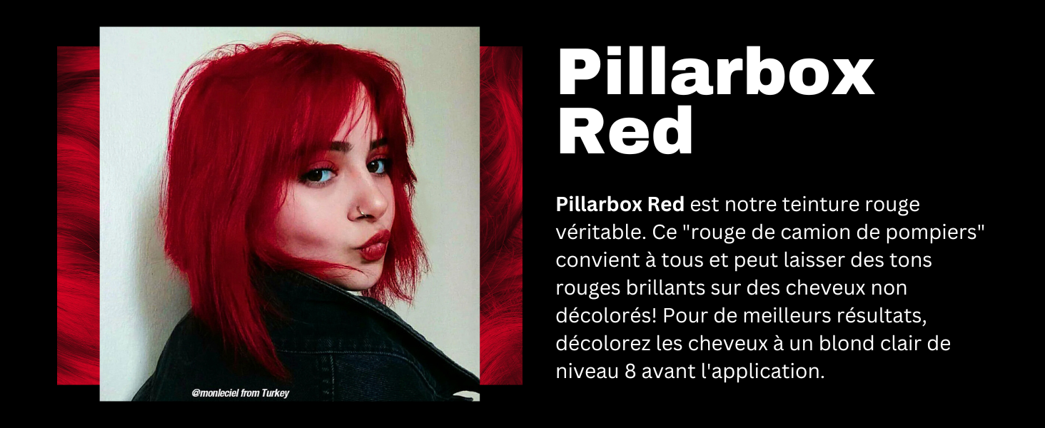 Produit de teinture pour cheveux rouge vif. Le texte le décrit comme Pillarbox Red, une teinte rouge vif pour cheveux non décolorés. Les instructions mentionnent l'application sur les cheveux blonds clairs pour de meilleurs résultats.