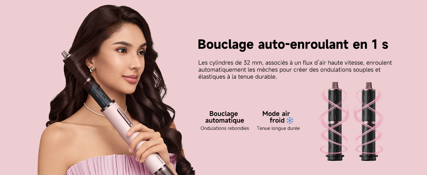 Le texte se lit comme suit : « Bouclage auto-enroulant en 1 s ». Publicité de produit de beauté montrant un appareil de coiffure de couleur noire sur fond rose.
