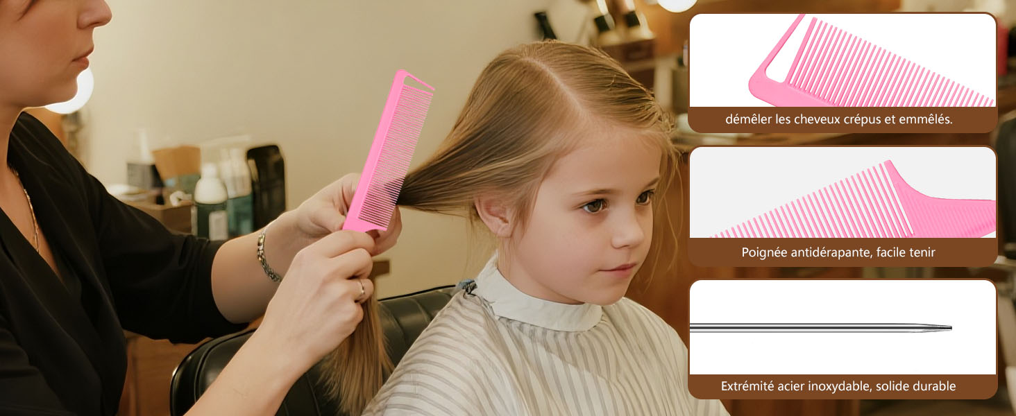 Brosse à cheveux rose utilisée pour coiffer les cheveux dans un salon. Trois panneaux d'information sont affichés sur le côté droit de l'image.