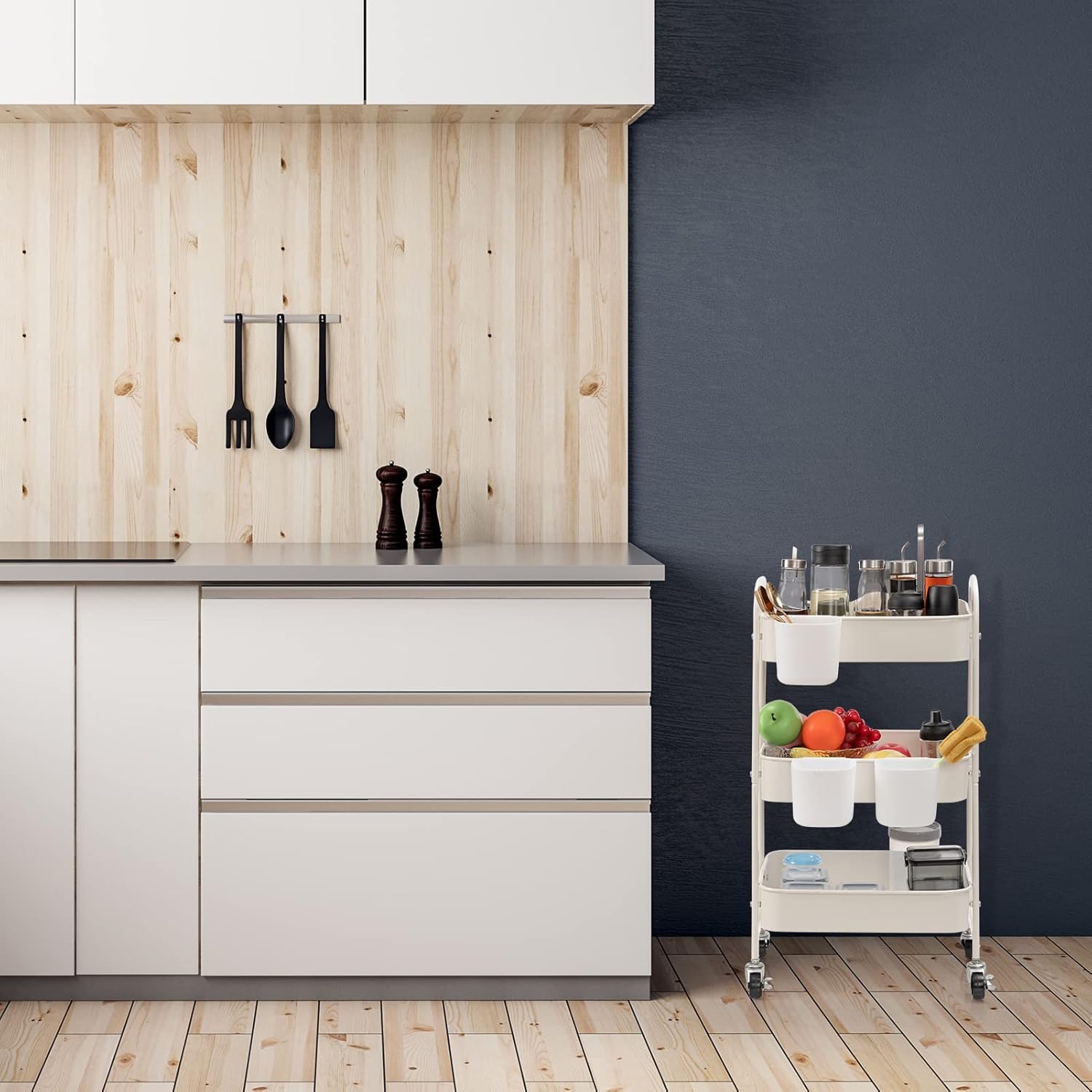 DOEWORKS - Chariot métal 3 niveaux à roulettes, blanc, rangement multiusage