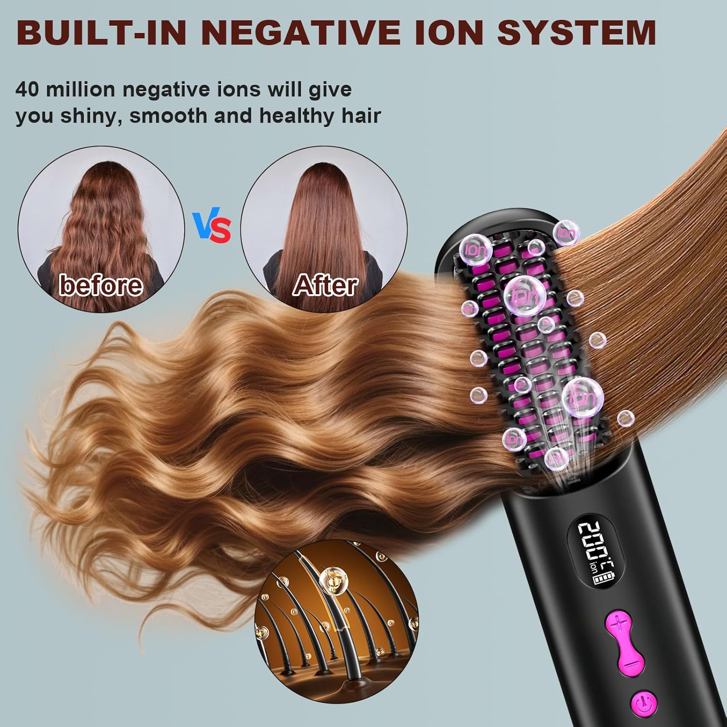 Brosse lissante sans fil - rechargeable USB 9600mAh, ions négatifs, chauffante, portable