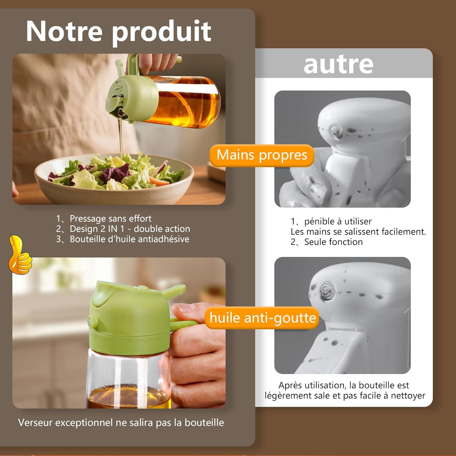 Flacon pulvérisateur d'huile d'olive - verre 470ml - bec verseur 2 en 1, multifonction