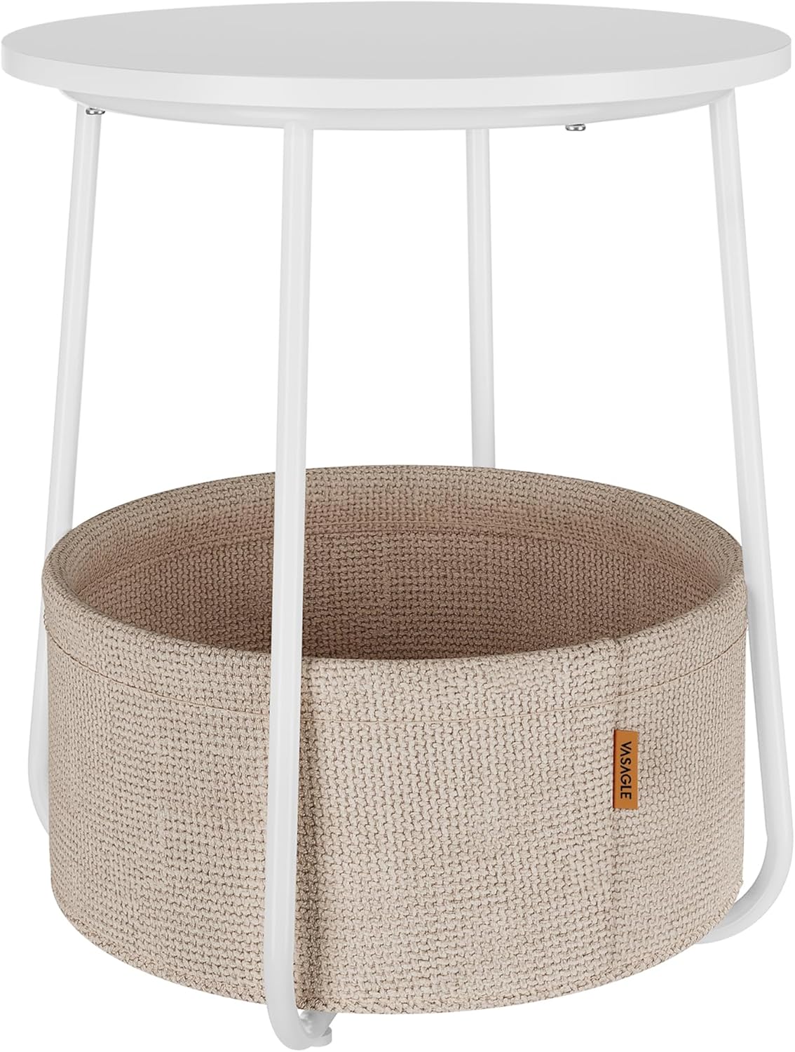 VASAGLE - Table basse ronde LET223W10 - compacte, panier tissu, blanc mat, marron, moderne, salon/chambre