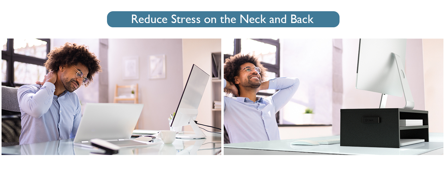 Image divisée montrant un employé de bureau étirant le cou au bureau, démontrant des pratiques ergonomiques visant à réduire le stress au cou et au dos.