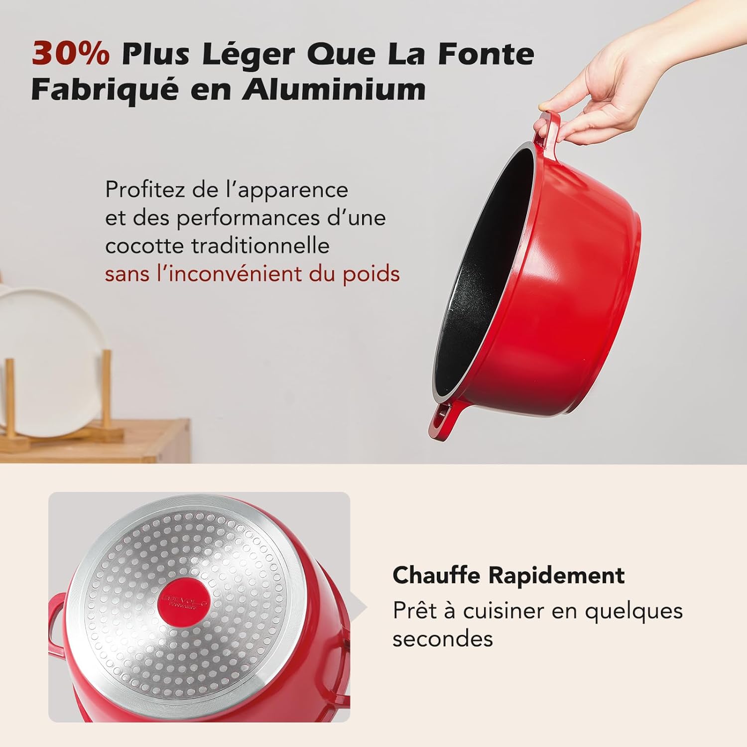 Cocotte fonte induction 28cm, 6,3L, aluminium, céramique, rouge