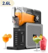 Le texte indique « 2,6 L ». Image du produit montrant des distributeurs ou des contenants de boissons orange et noir avec accessoires, y compris des gobelets.