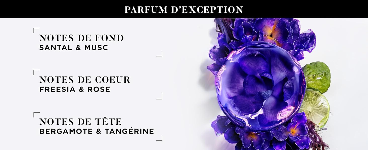 Le texte se lit comme suit : « NOTES DE CŒUR », « NOTES DE FOND », « NOTES DE TÊTE ». Parfum artistique ou publicité de parfum avec des éléments floraux.