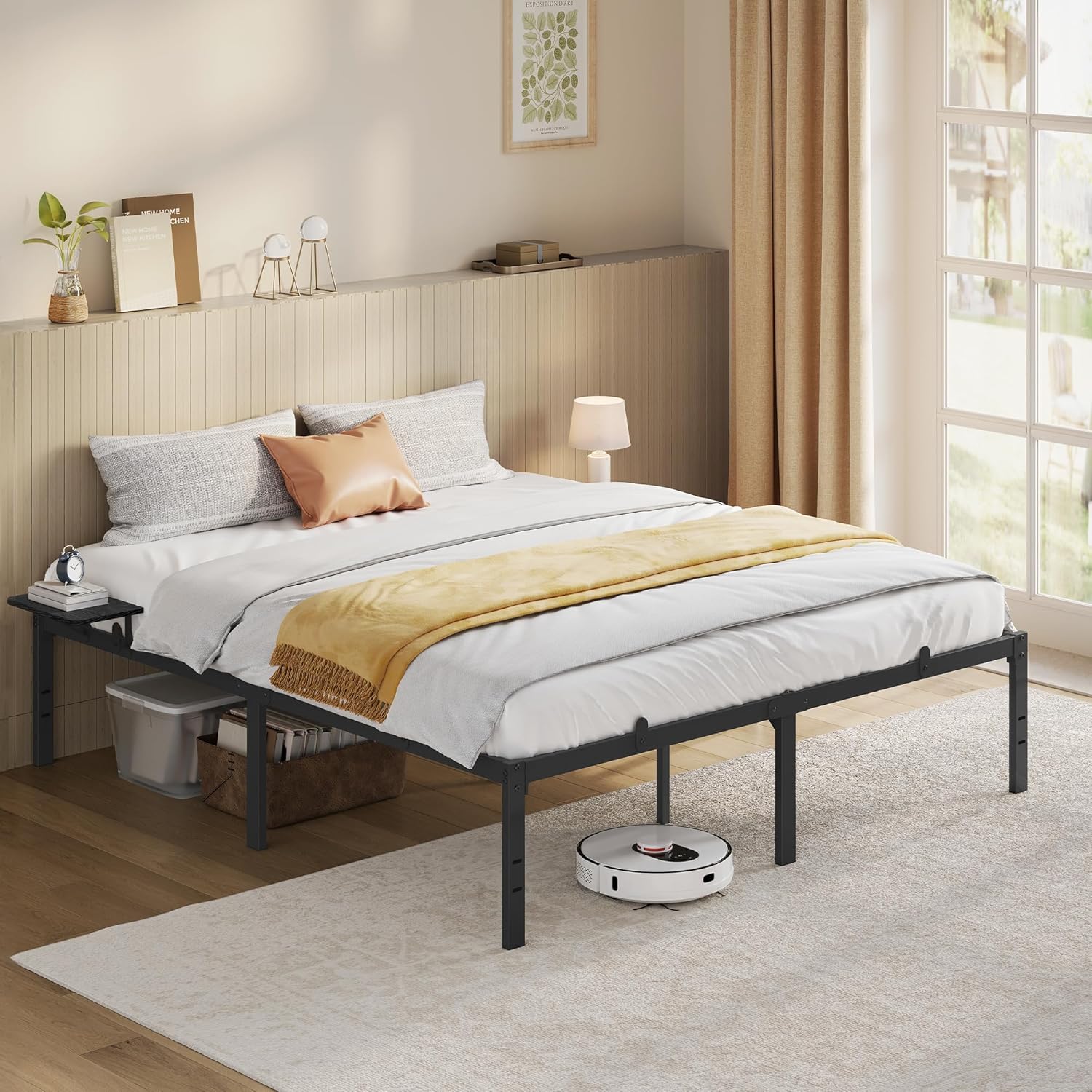 VASAGLE - Cadre de lit métal, étagères, tête de lit, 160x200 cm, RMB095B01