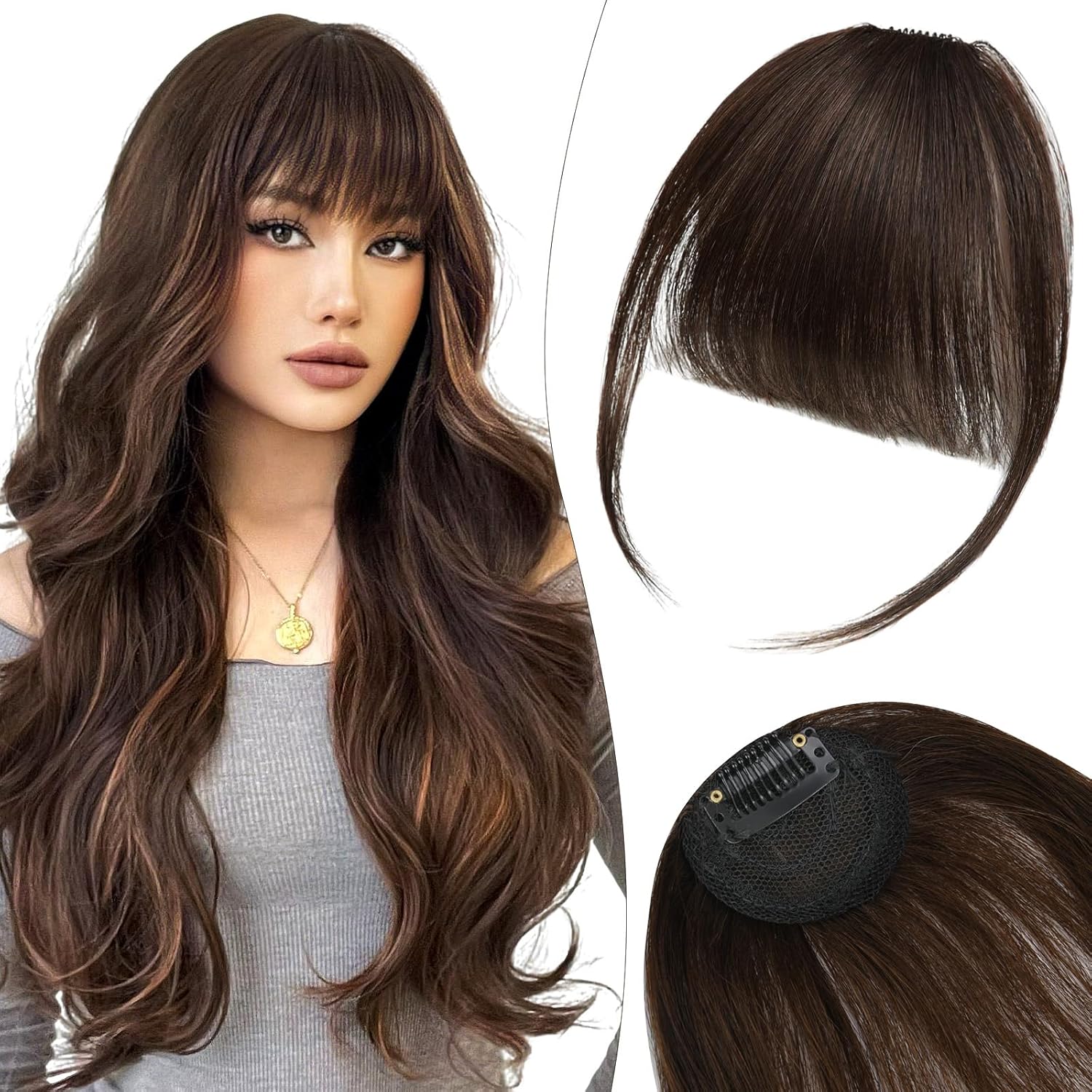 Postiche frange à clip synthétique, marron foncé, temples naturels