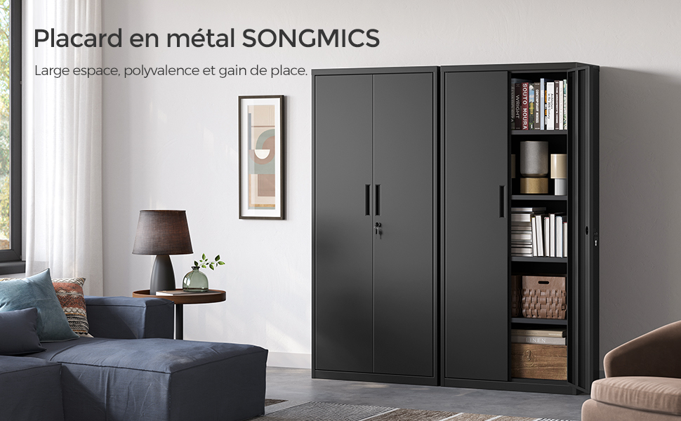 une grande armoire noire avec une bibliothèque au milieu