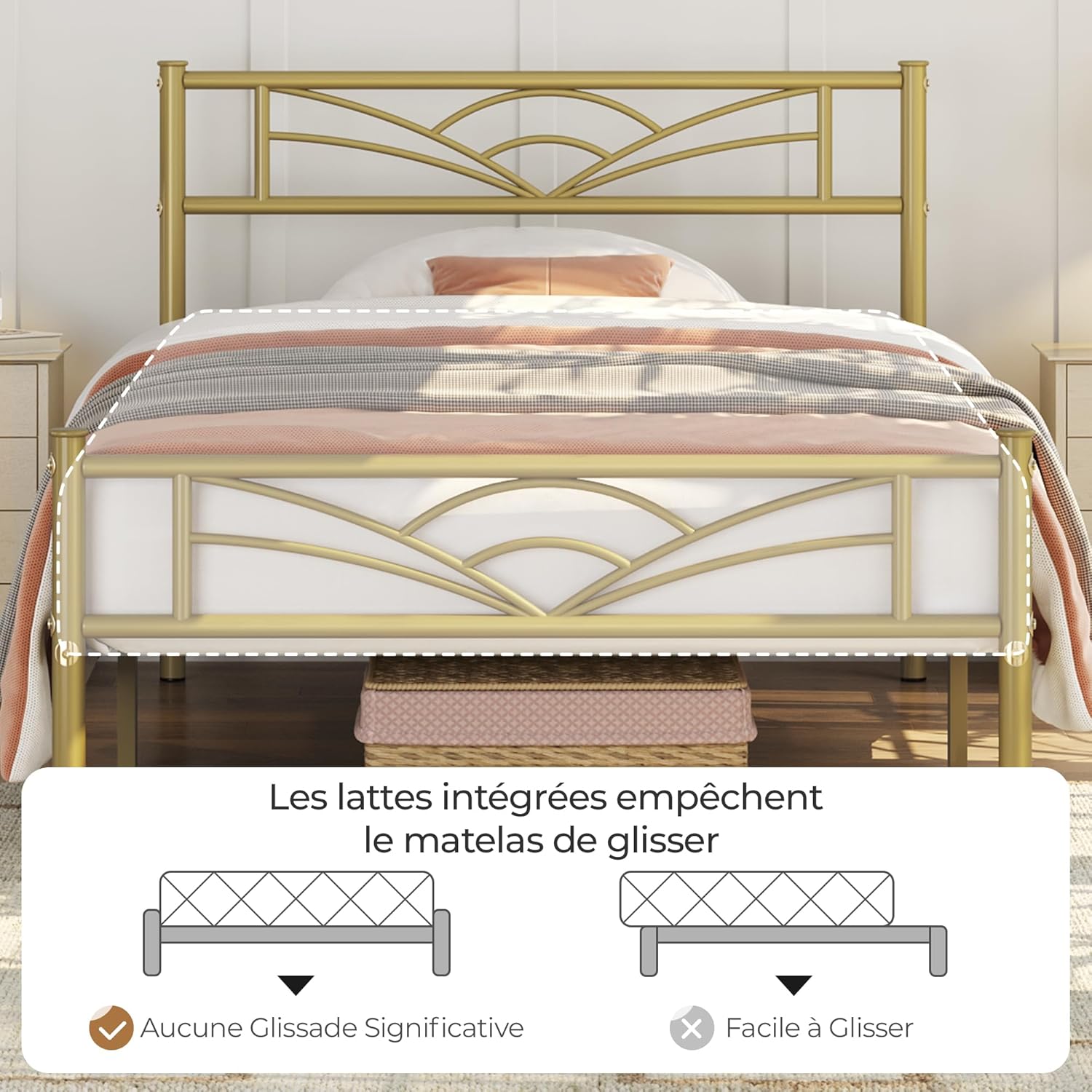 Yaheetech - lit simple métal - 90x200cm - montage facile, or antique