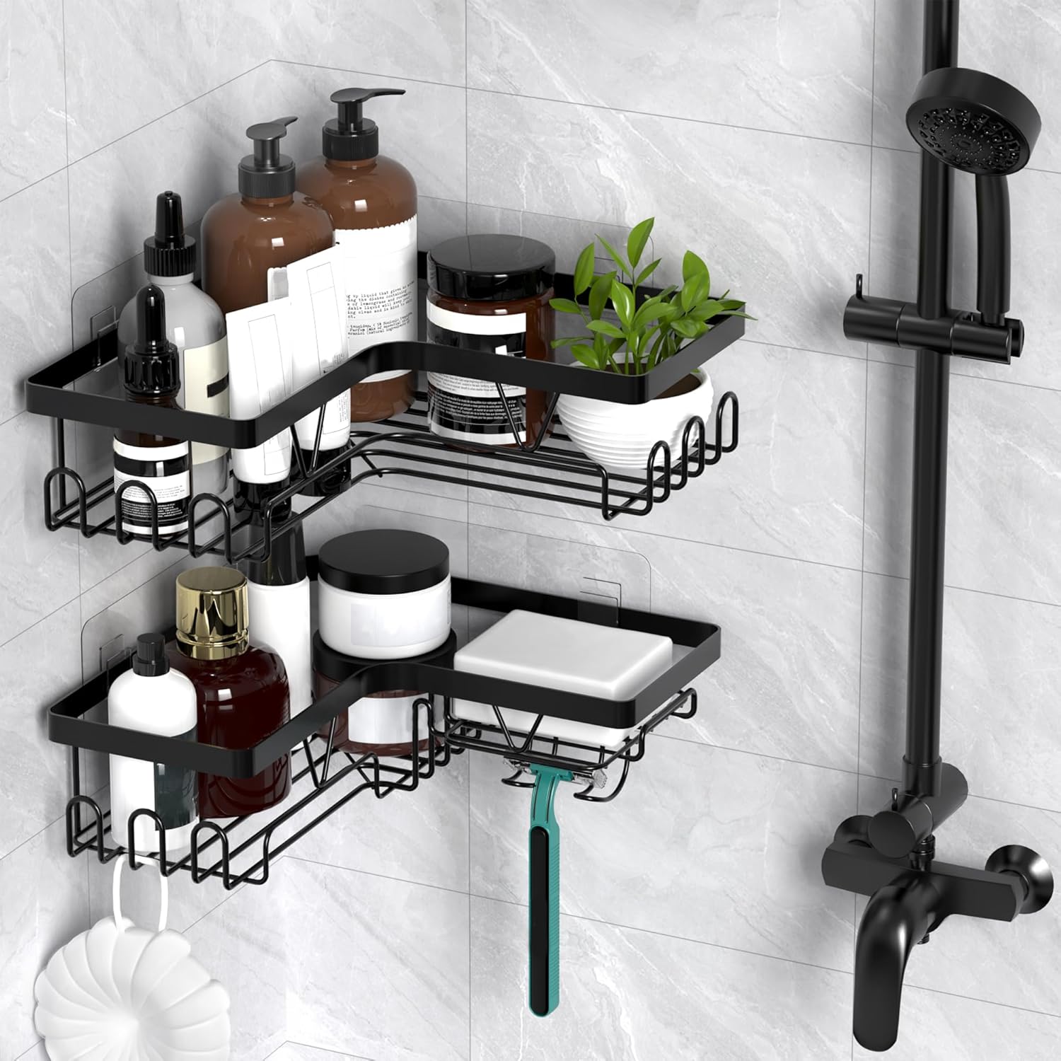 Etagere Douche - rangement salle de bain noir, sans perçage, design compact