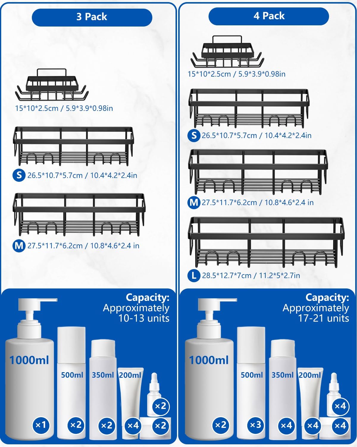 AceMining - Etagere Douche Noir - 3 Pack - Rangement adhésif, crochets, sans perçage
