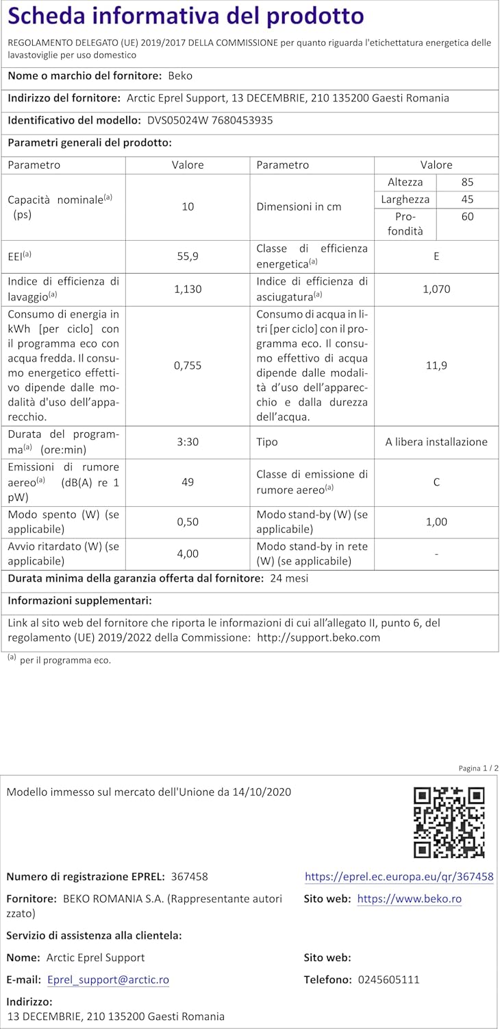 Beko - lave-vaisselle 10 couverts compact 45cm, autoportant - DVS05024W