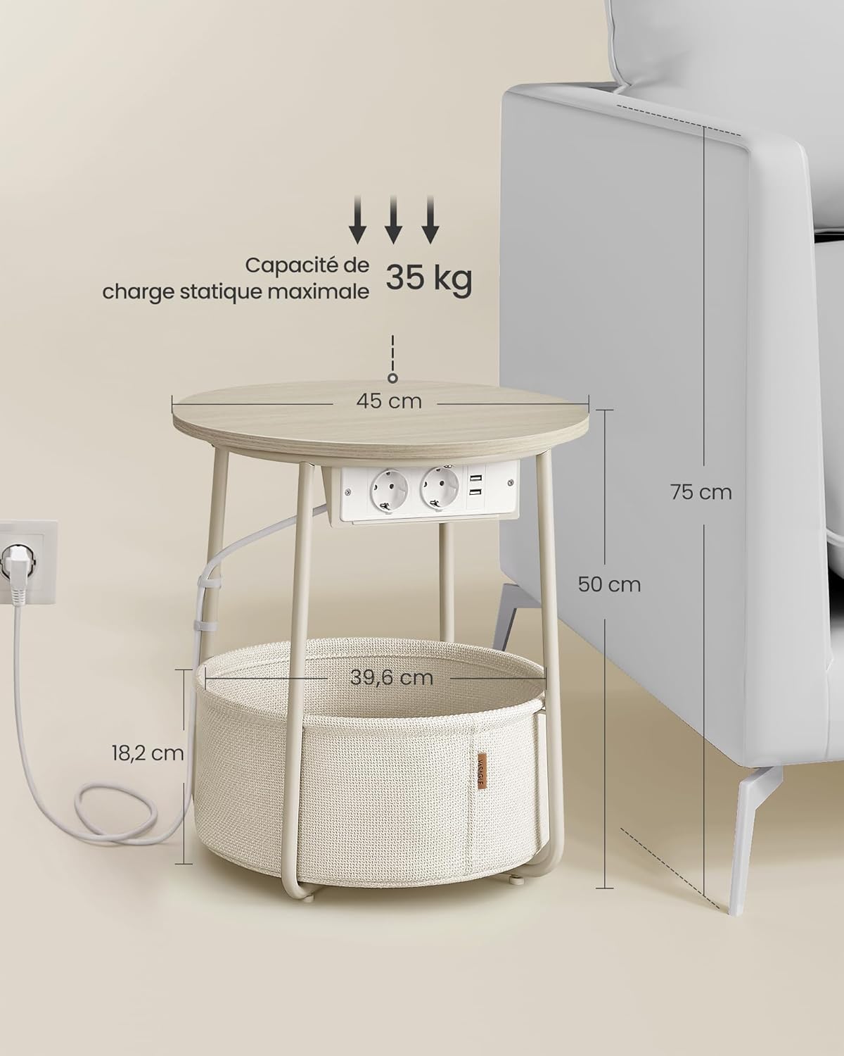 VASAGLE - Let228LL01 - table basse ronde, panier tissu, multiprise, design moderne, 50x45 cm