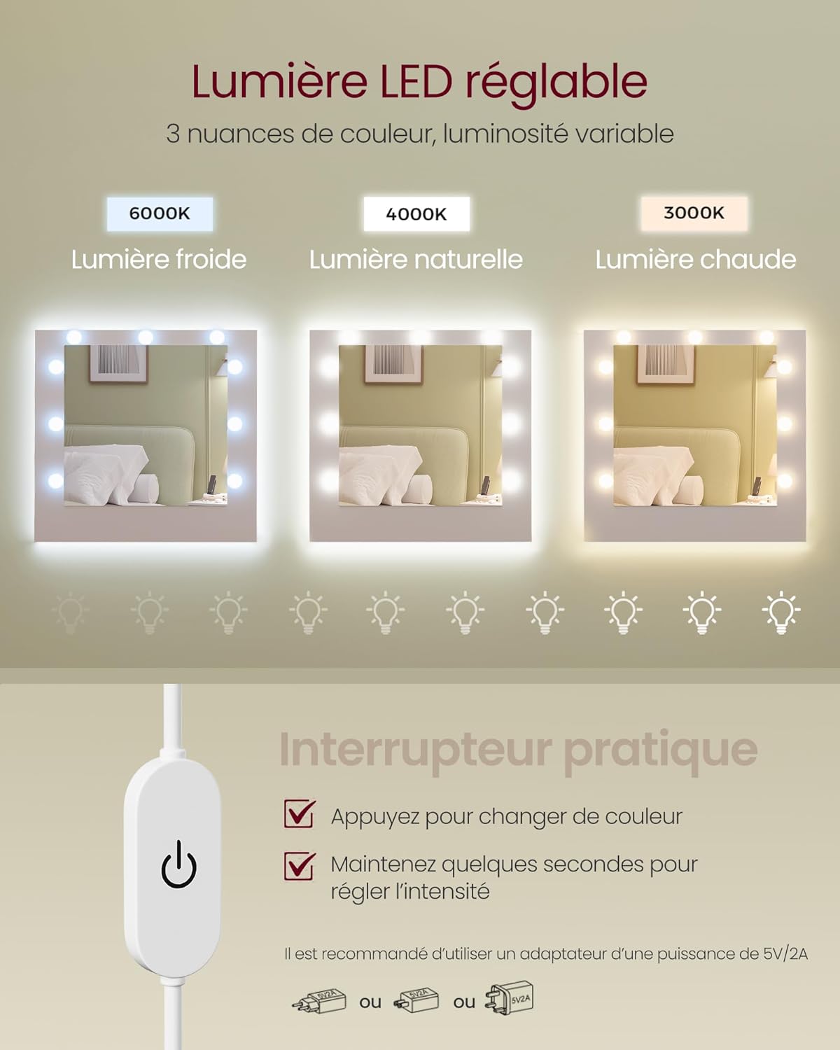 VASAGLE - Kailyn Collection coiffeuse, blanc, LED, rangements, RDT142WB02