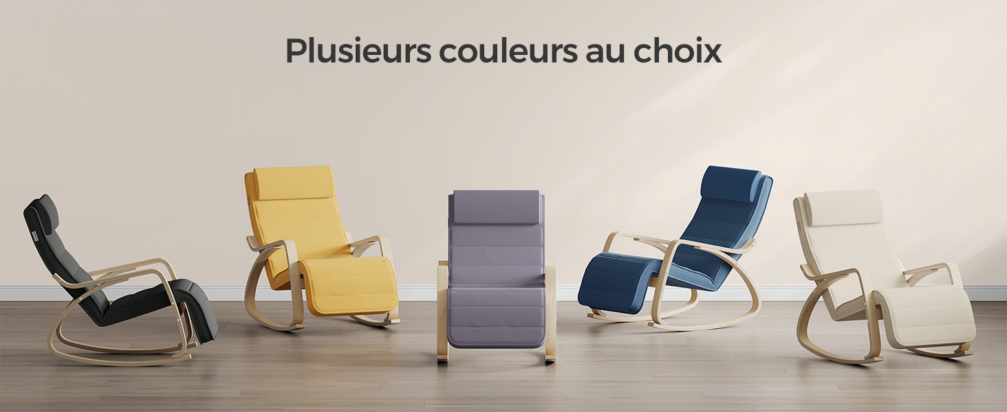 Ensemble de fauteuils à bascule de différentes couleurs, notamment le jaune, le violet, le bleu et le blanc. Les chaises sont dotées de cadres en bois incurvés avec des coussins d'assise et de dossier en tissu.