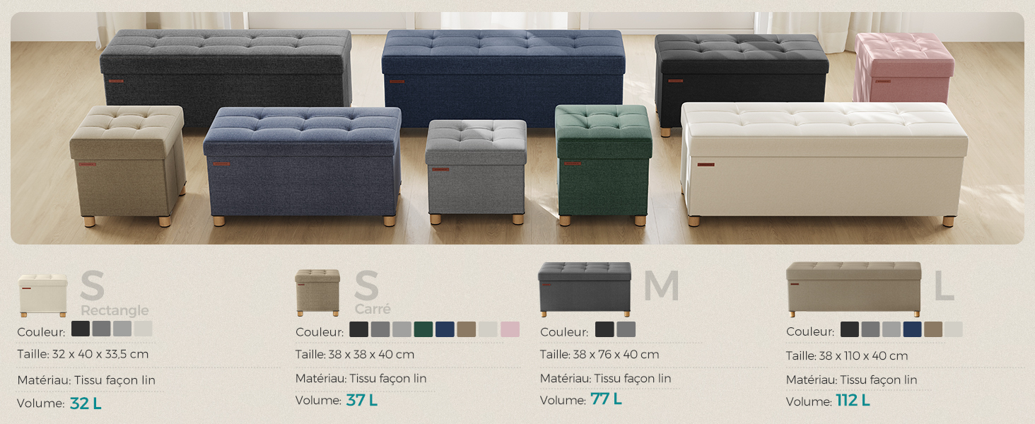 est présentée en différentes tailles et couleurs, notamment le beige, le gris, le vert et le bleu marine, avec les spécifications de taille affichées sous chaque modèle.