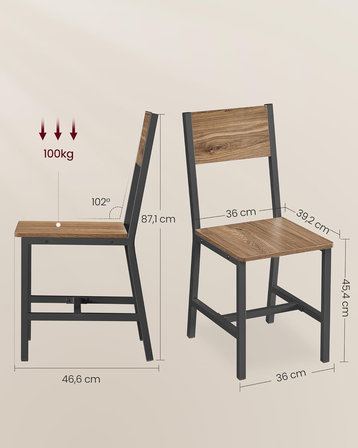 VASAGLE - Lot de 2 chaises industrielles, acier, 84x46x54 cm, LDC092Y101