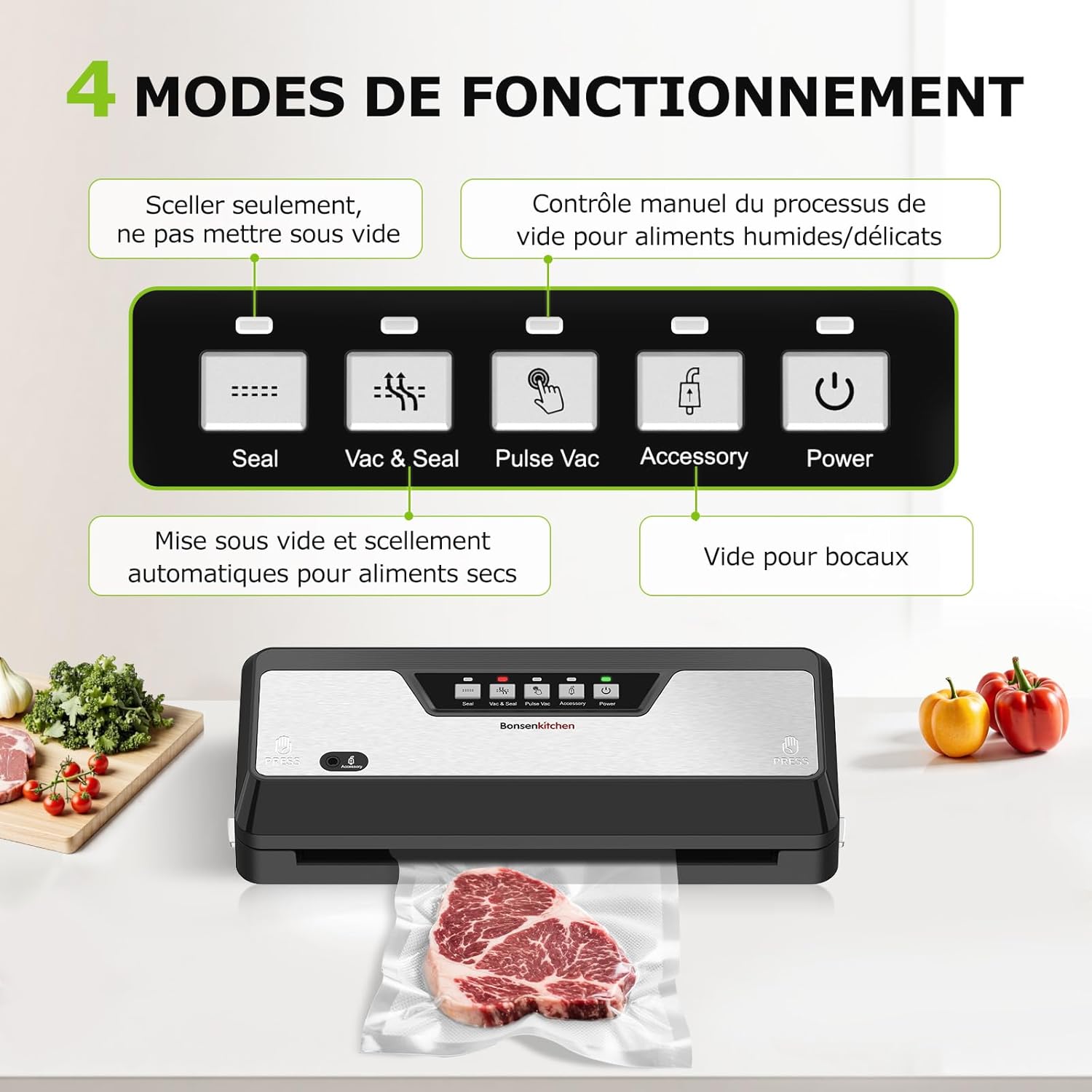 Bonsenkitchen – Machine sous vide – compacte – coupe-sac, rangement, rouleau, 5 sacs