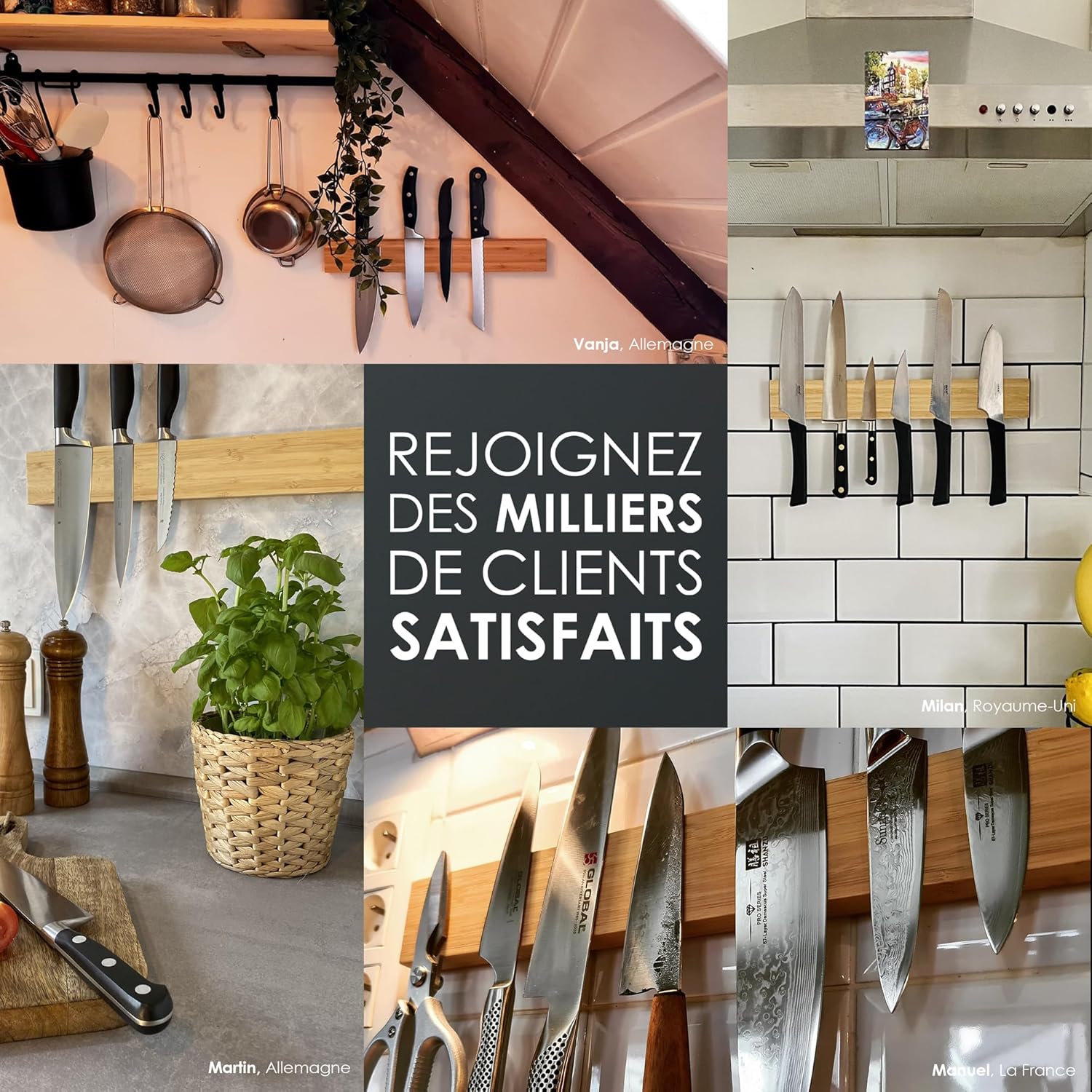 LARHN - Porte couteaux aimanté bambou 40cm - fixation murale puissante