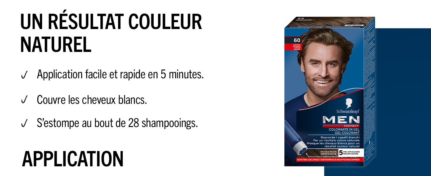 Démonstration de l'application du produit montrant le processus de coloration des cheveux avec un texte en français sur les résultats de coloration naturelle.