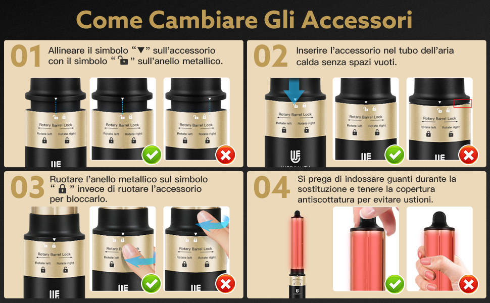 Schéma pédagogique en italien montrant les quatre étapes à suivre pour changer les accessoires des récipients cylindriques à composants métalliques