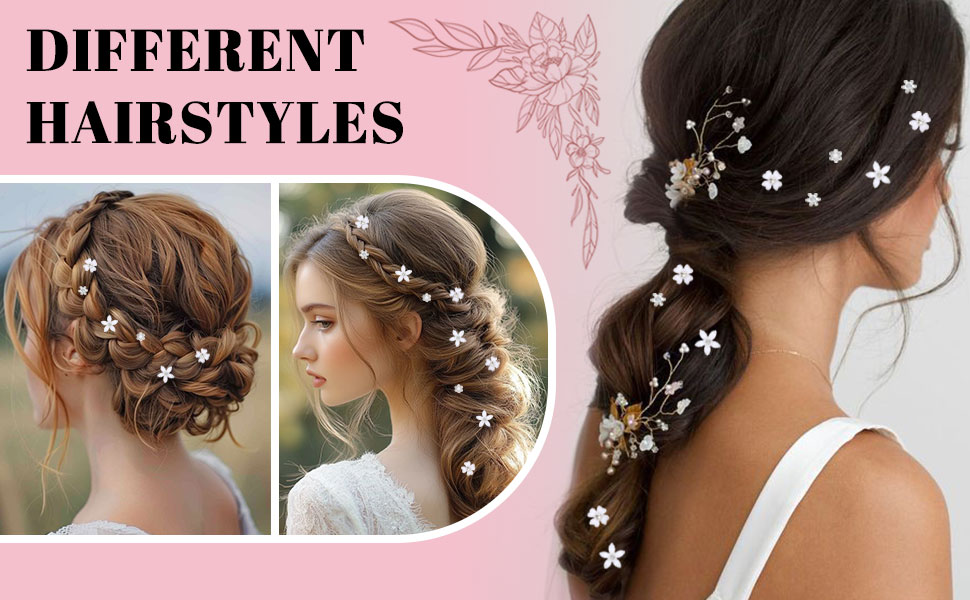 Le texte indique « DIFFÉRENTES COIFFURES ». Série de coiffures chignons décoratives ornées de petits accessoires floraux blancs sur fond rose.