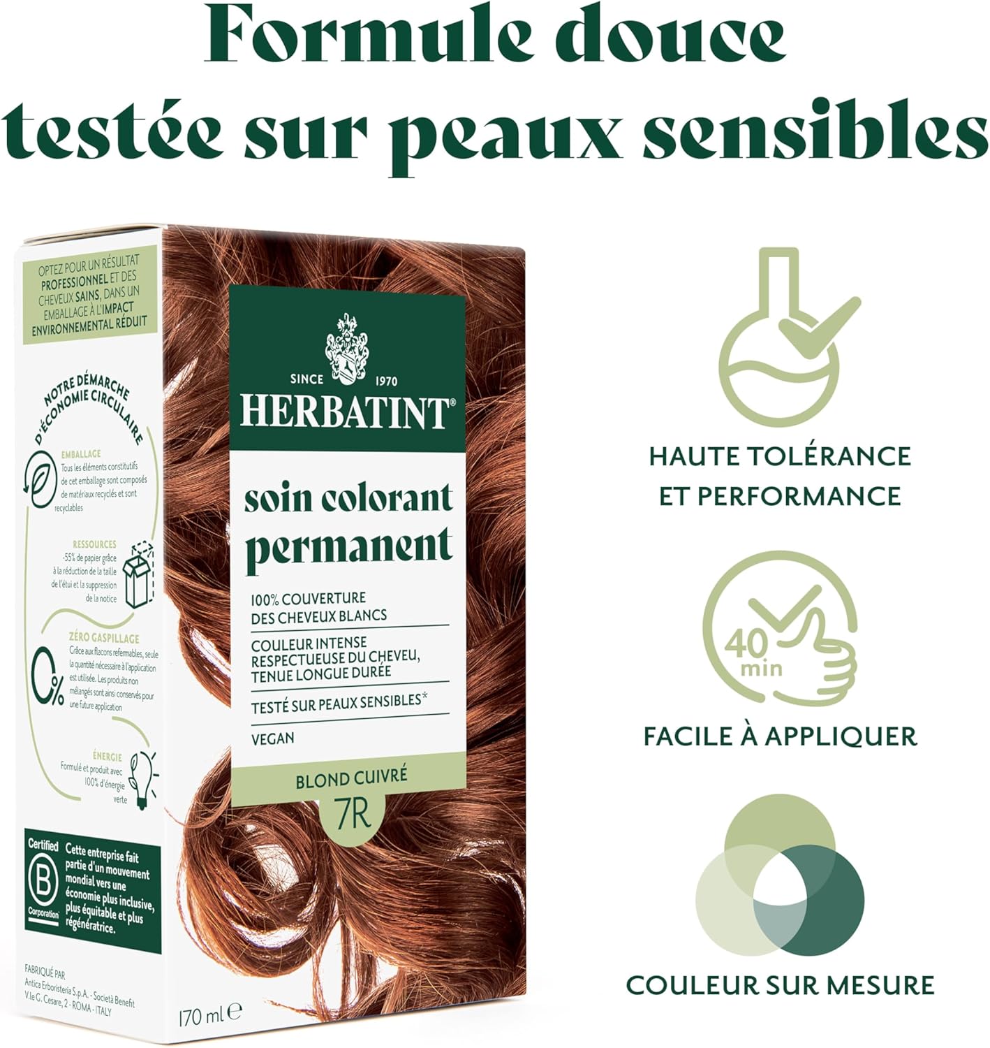 Herbatint - coloration 7R Blond Cuivré - 170ml - sans ammoniaque, 100% couvrant, testé peaux sensibles